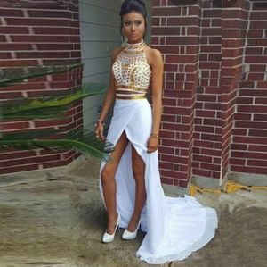 2 piece white and gold prom dress